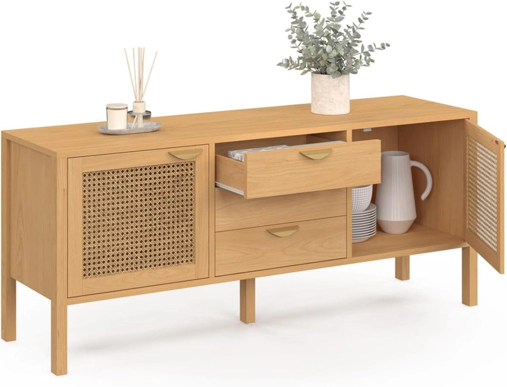 Credenza bassa EDHEN 140 cm, 2 ante e 3 cassetti, legno e vimini