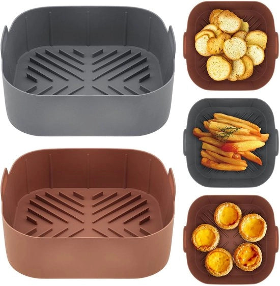 Due pezzi di rivestimenti per air fryer in silicone quadrato 8.2 pollici - Set di 2 piastre di silicone quadrato - Riciclabile Per 4 - 8 QT - Sostituisce carta da forno - Adatto per forno e microonde - Grigio e marrone
