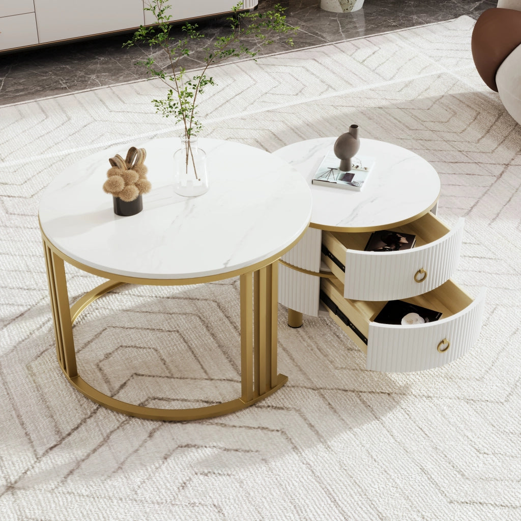 OKWISH Tavolini da Salotto Impilabili Rotondi con 2 Cassetti, Piano Lucido Effetto Marmo, per Soggiorno, MDF, Bianco