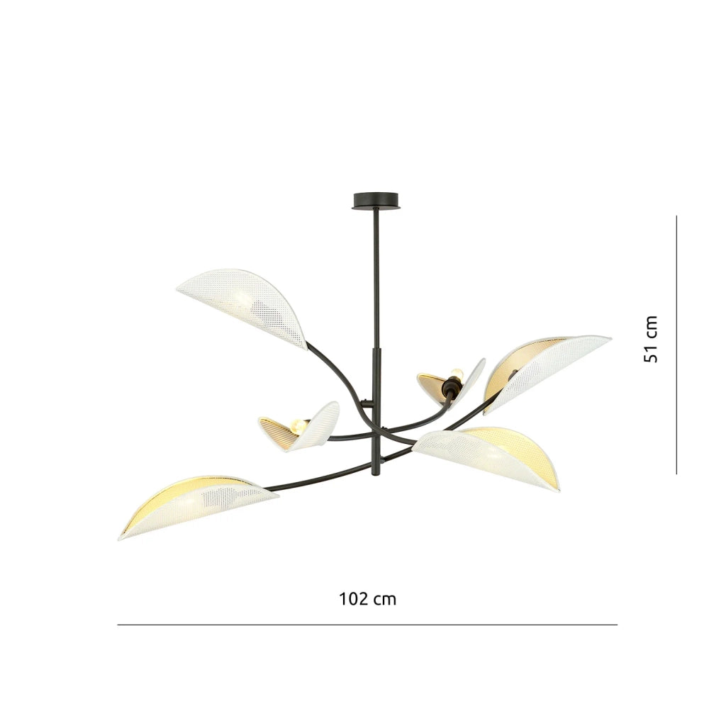Sospensione Nordica 6 Luci Ares In Acciaio Nero Bianco E Oro Bracci Regolabili