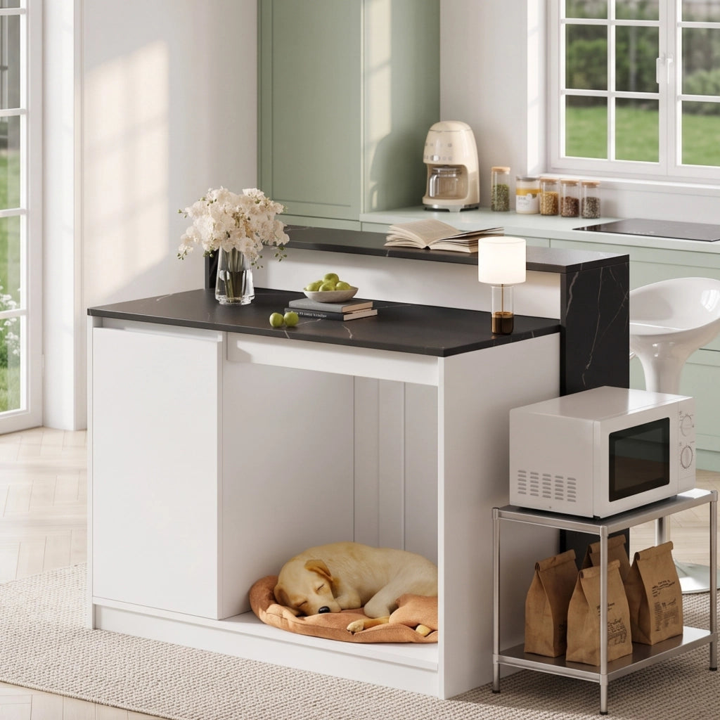 Isola cucina multifunzionale con bancone e area relax per animali, 120×80×100 cm, bianco e nero