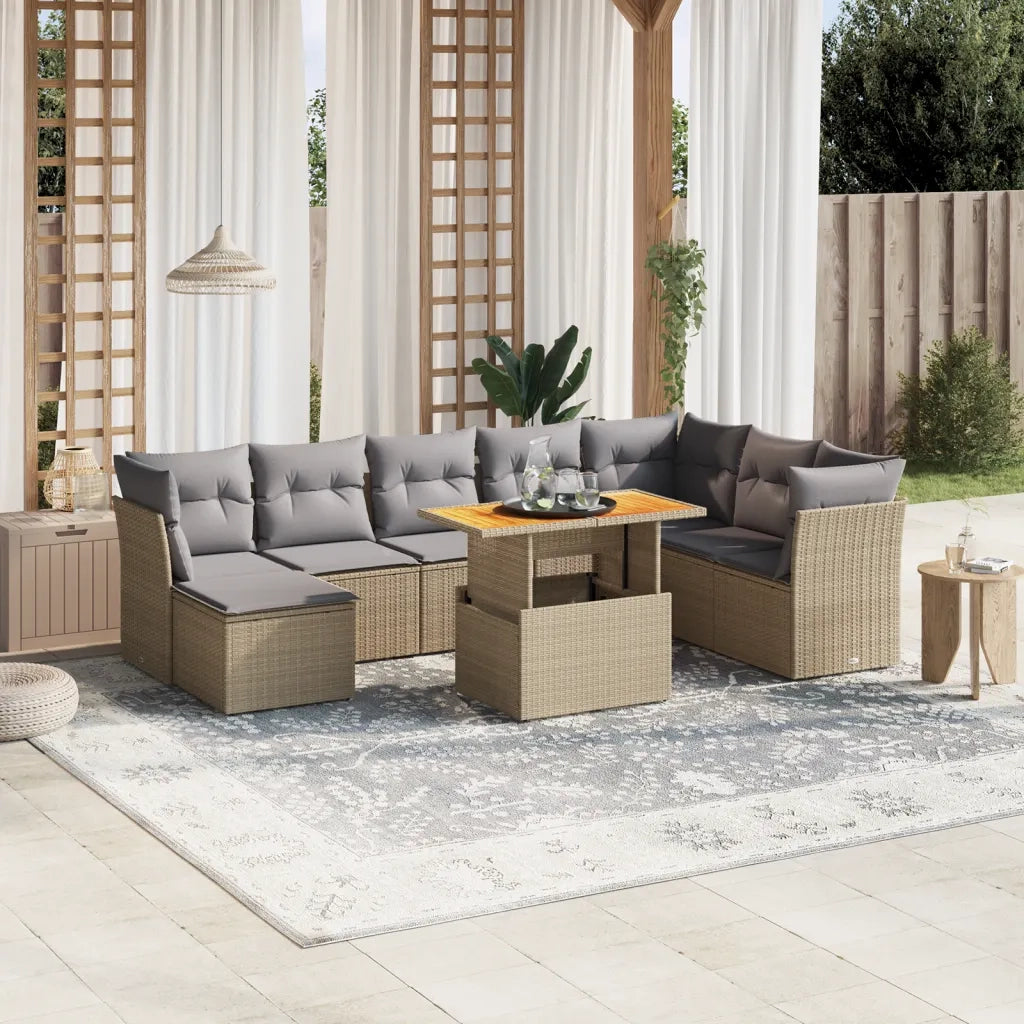 Set Divano da Giardino 9 pz con Cuscini Beige in Polyrattan
