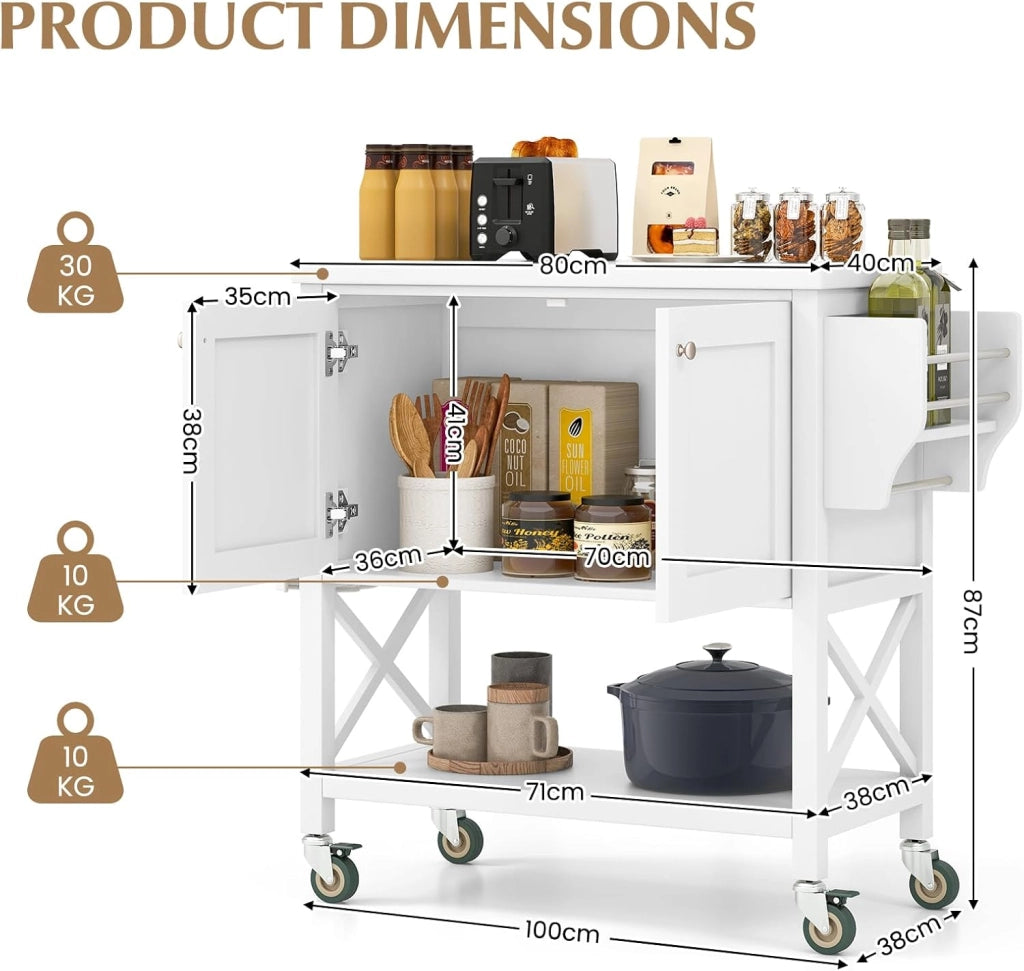Carrello da Cucina Mobile con Piano di Lavoro, Armadio e Ripiani Aperti, Tavolo da Isola con Ruote Girevoli con Portasciugamani e Portaspezie per Bar, Sala da Pranzo, Bianco，38x100x87cm