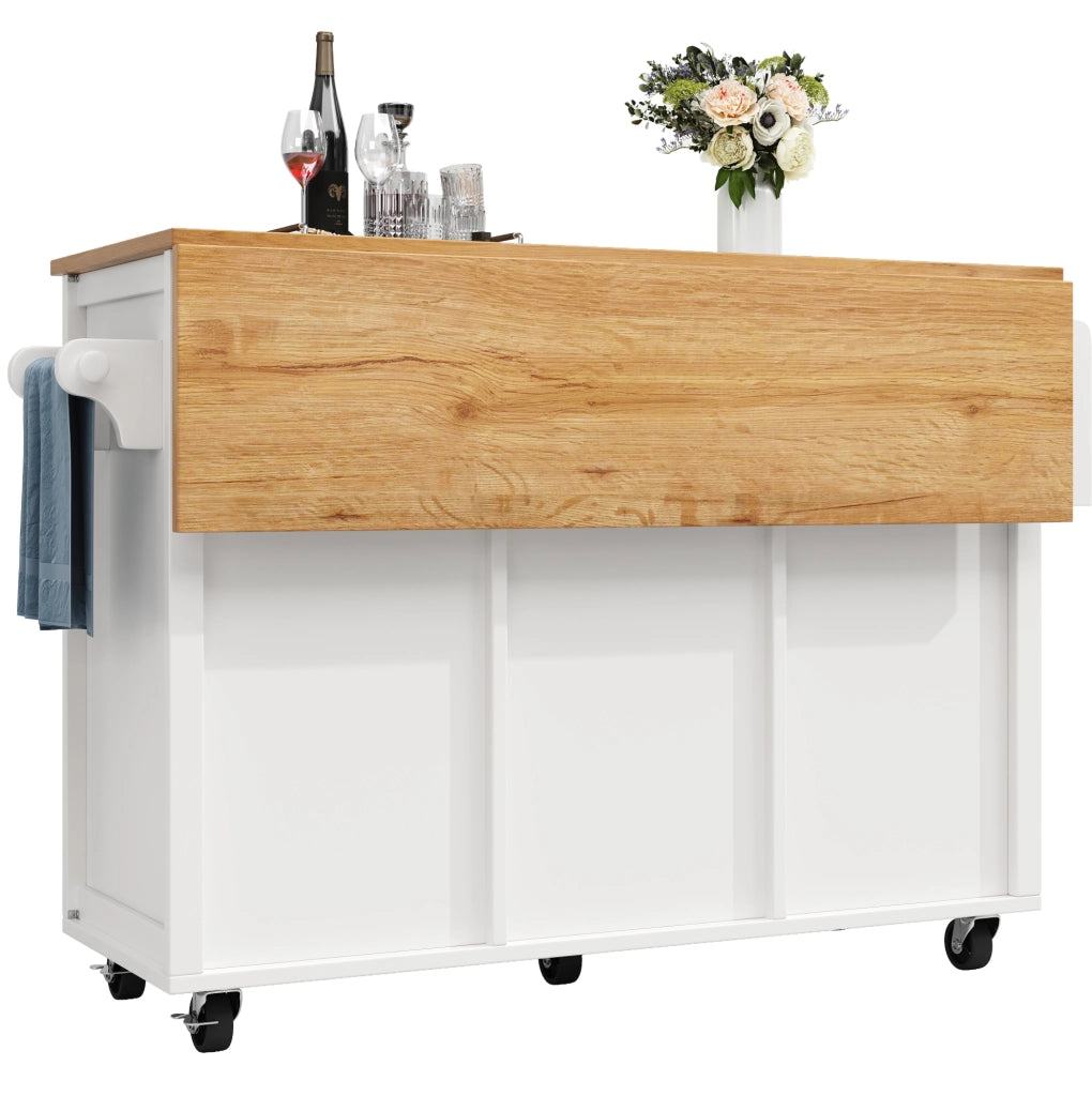 Isola da cucina 137.9x73x92 cm con piano pieghevole; ruote; MDF e metallo bianco