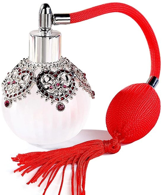 Vetrina vintage 50 ml flaconi di profumo in vetro con figura di fiori in argento antico, contenente un flacone di profumo vuoto con coda rossa lunga, adatto per ragazze o donne, regalo per la toeletta.