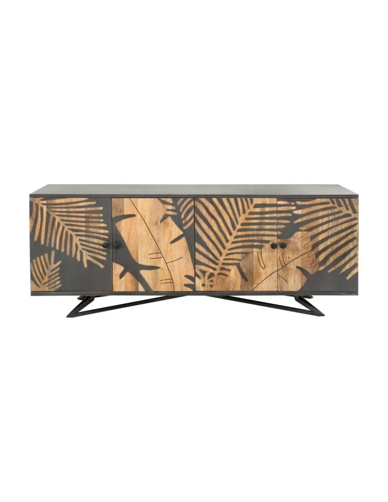 Buffet PLAYA 160 cm in legno massiccio di mango – 4 porte decorate e basamento in metallo nero