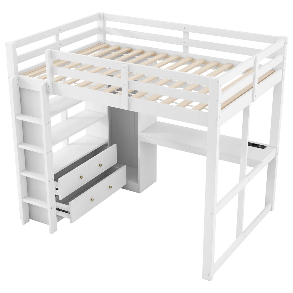Letto a Soppalco 140x200 cm con Scrivania; 2 Cassetti; Mensole; LED e USB - Bianco