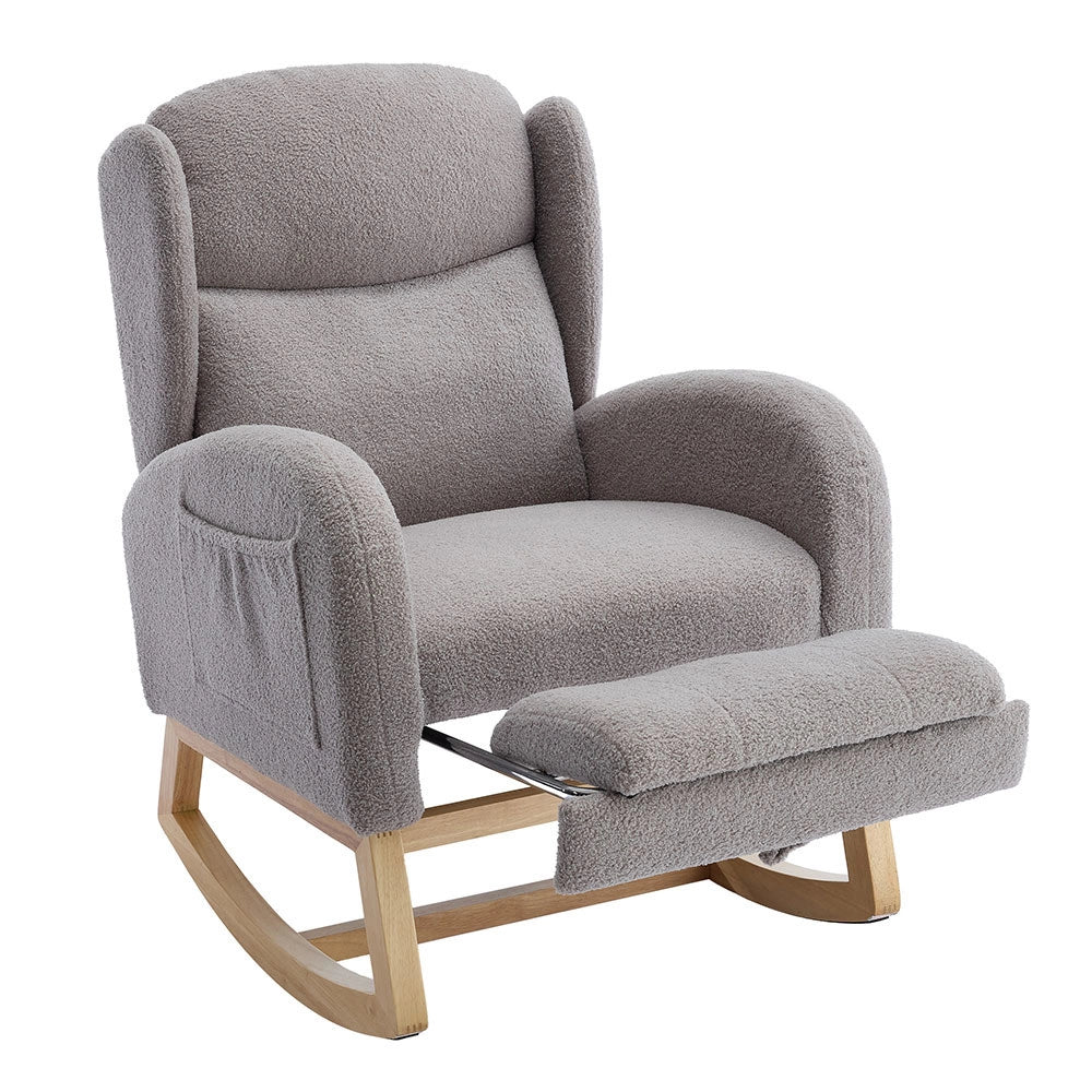 Sedia a dondolo per allattamento - Xylo - Struttura in legno, tessuto Teddy, poggiapiedi regolabile, grigio