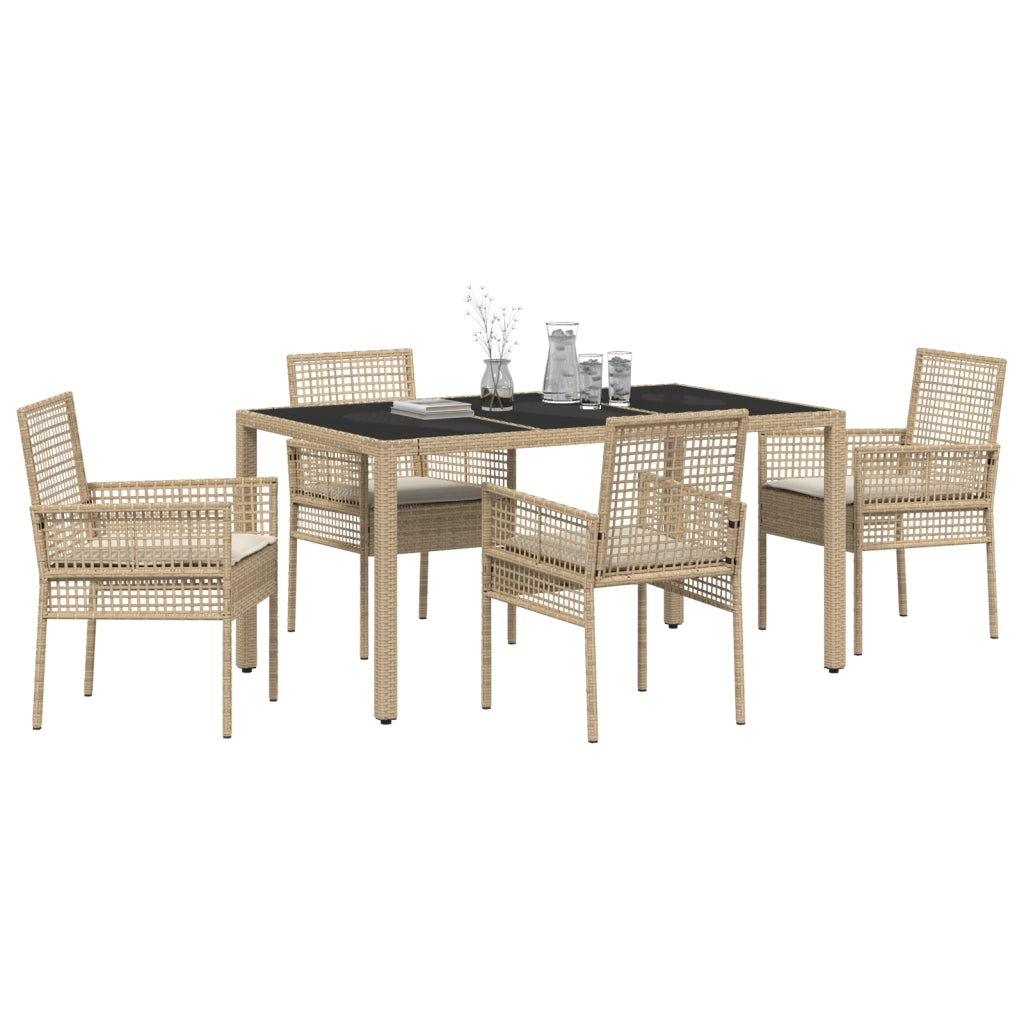 Set da Pranzo da Giardino di 5 Pezzi con Cuscini Beige in Rattan Sintetico