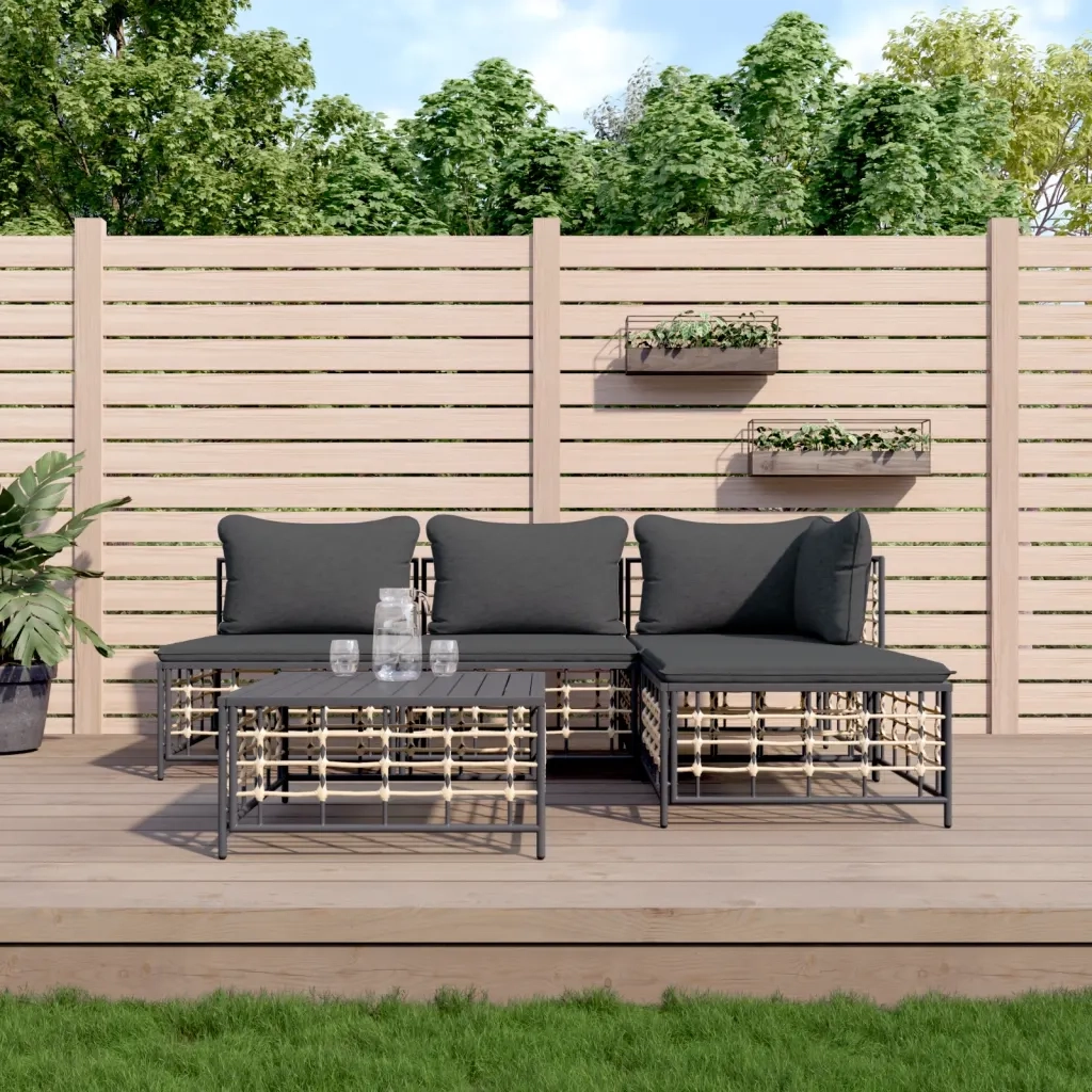 Set Divani da Giardino 5 pz | Set Salotto da Giardino con Cuscini Antracite in Polyrattan