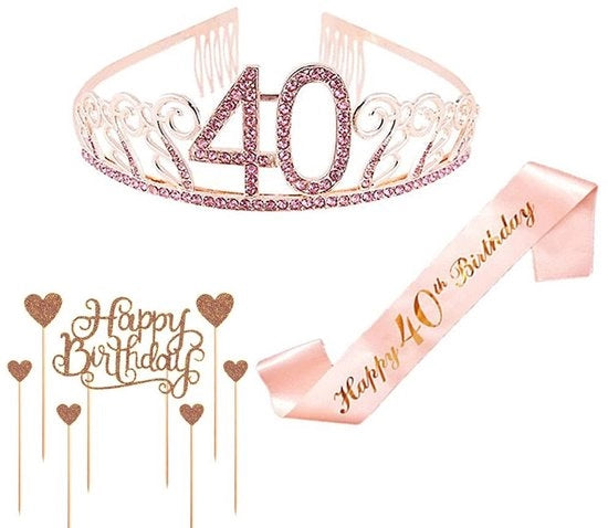 Corona d'Anniversario per Donna con Cristallo e Strass - Capelli con Petalo - Decorazione per Torta - Lega Metallica e Strass - 40 Anni di Tradizione