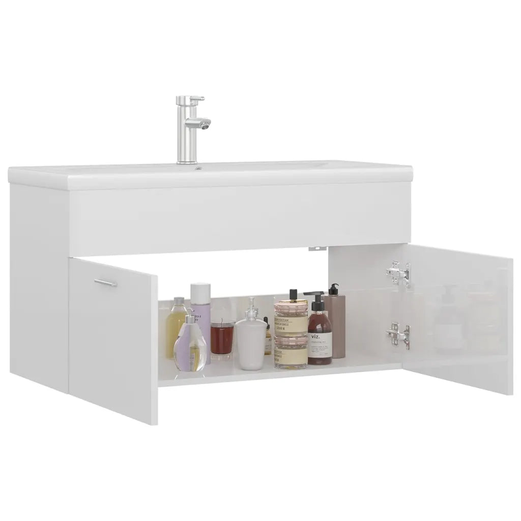 Mobile con Lavabo Integrato Bianco Lucido in Legno Multistrato 3071294