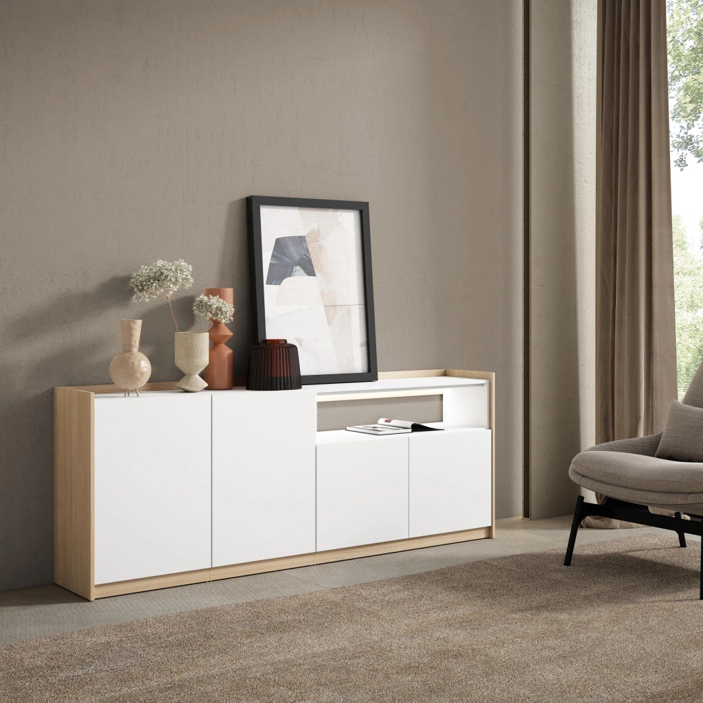 Credenza, Mobile, Cucina, 207x80x37 cm, 4 Porte, LED, Bianco e Rovere soft