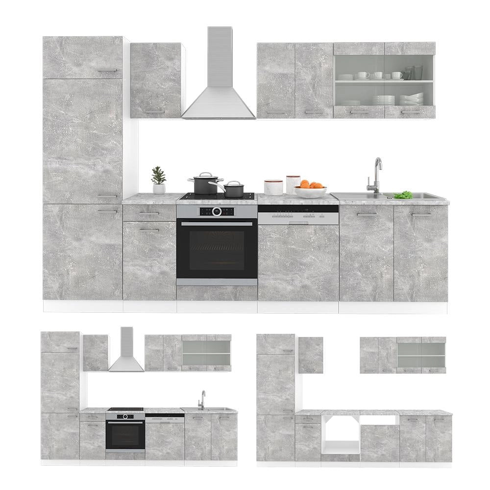 Cucina componibile R-Line Calcestruzzo/Bianco 300 cm, PL Rovere Vicco