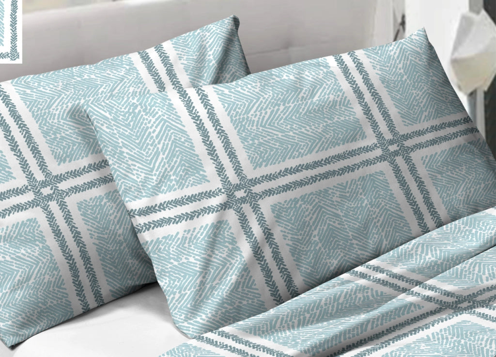 Completo Lenzuola In 100% Cotone  Disegno Tartan Colore Azzurro Modello O.B. - Singolo - Azzurro