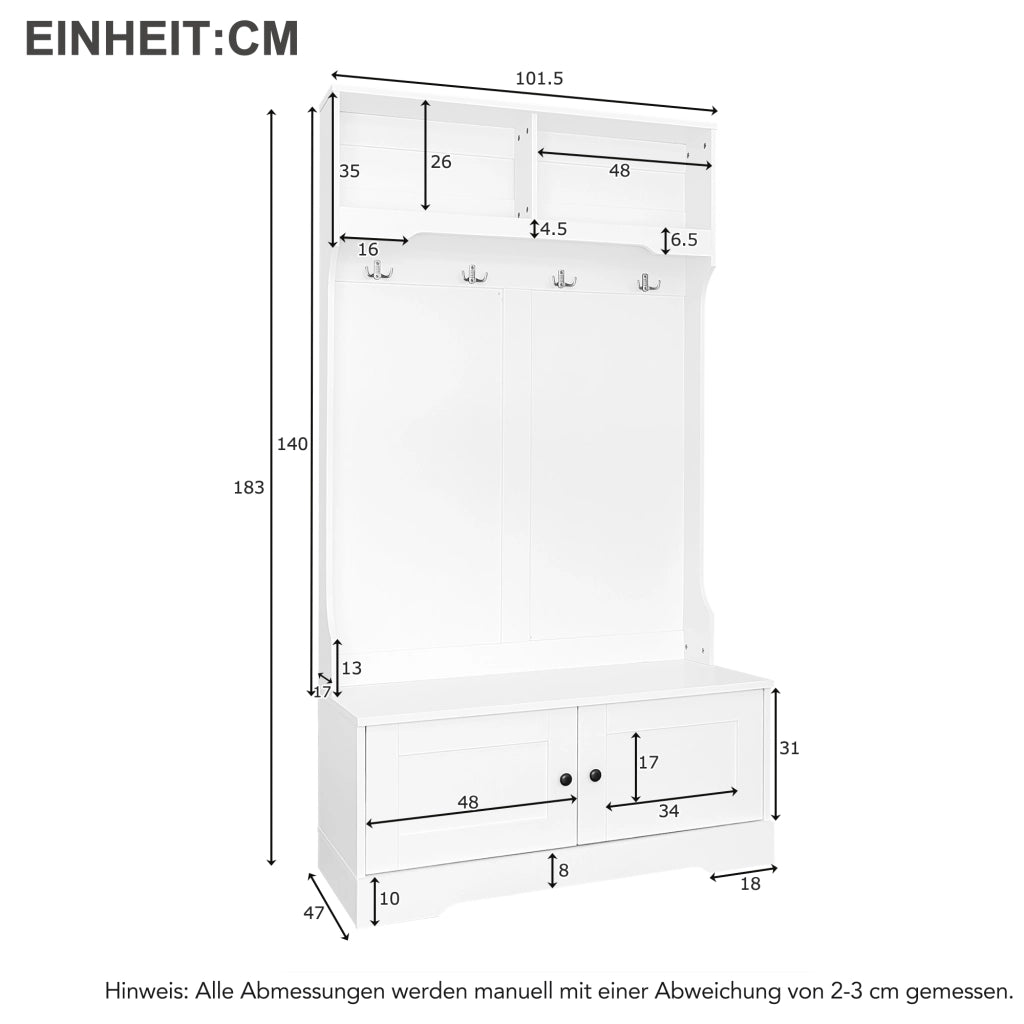 Mobile ingresso con panca; 2 ante; 2 vani aperti e 4 ganci; per ingresso; bianco; 101.5 × 183 cm