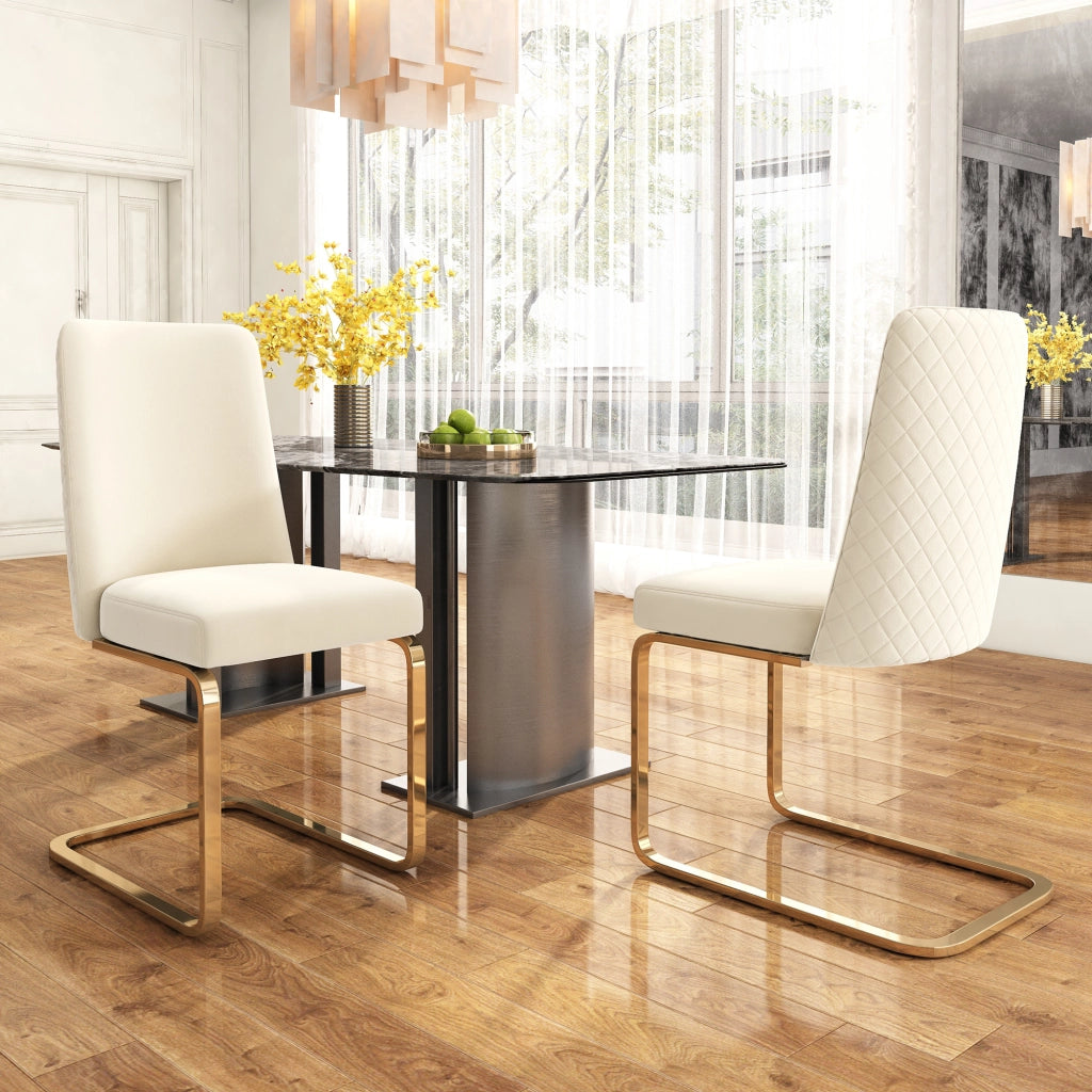 Set 2 sedie da pranzo in velluto beige con schienale a rombi e gambe in metallo