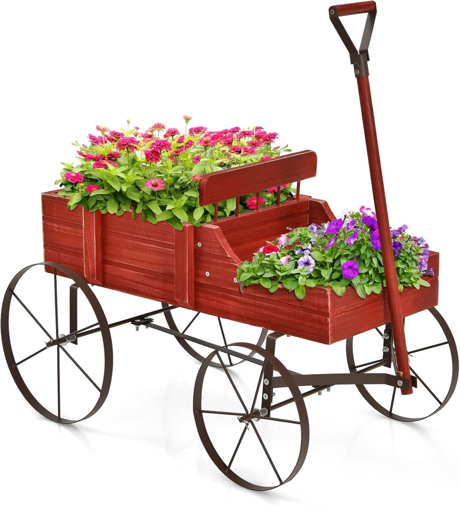 Carrettino di Legno Fioriera, Fioriera Decorativa con Ruote e 2 Sezioni per Piante, Porta Piante da Esterno per Giardino Cortile (rosso)