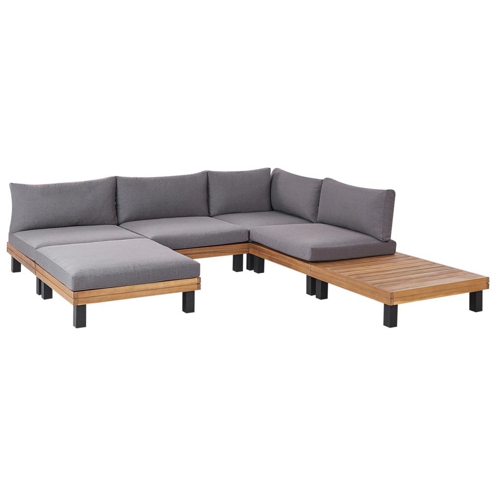 Set di divani angolari modulari da giardino Cuscini in poliestere grigio Struttura in legno di acacia certificata con tavolino da caffè