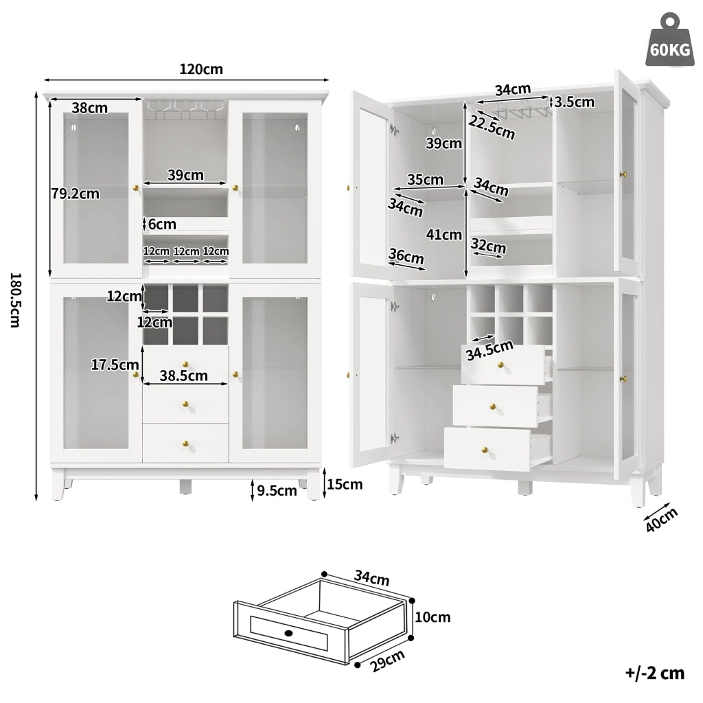 Mobile Cantinetta Vino con LED ¨C Xylo ¨C Nero/Bianco, 3 Cassetti, 180x120x40cm