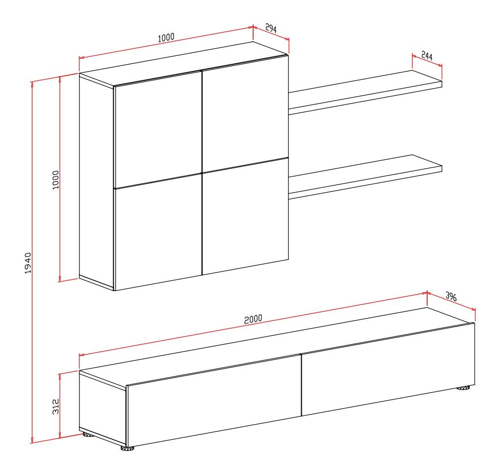 Parete Attrezzata Soggiorno Moderna Con Base TV Due Ante Pensile Quattro Ante E Due Mensole In Melaminico Facile Da Pulire Design Contemporaneo 200 X 194 X 40 Cm Bianco Effetto Legno