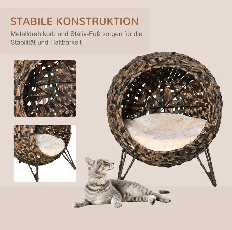 Cuccia rialzata per gatti in rattan PE con cuscino marrone