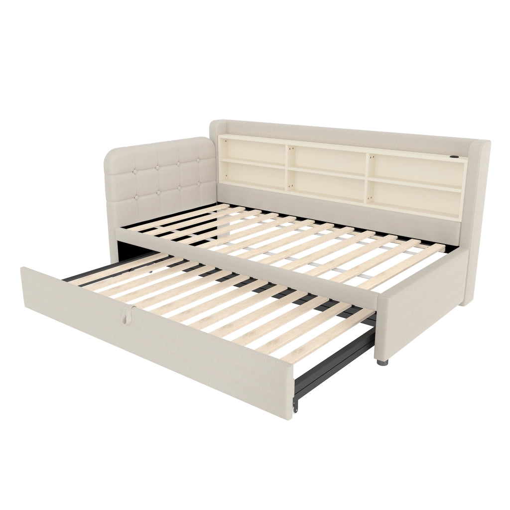 Letto estraibile singolo 90×200 cm e 90×189 cm con USB; Type-C e ripiani; senza materasso; lino; beige