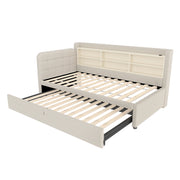 Letto estraibile singolo 90×200 cm e 90×189 cm con USB; Type-C e ripiani; senza materasso; lino; beige