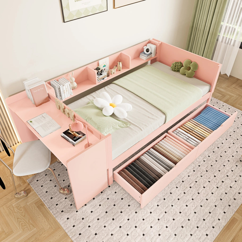 Letto basso con scrivania in pino e truciolare 90x200 cm