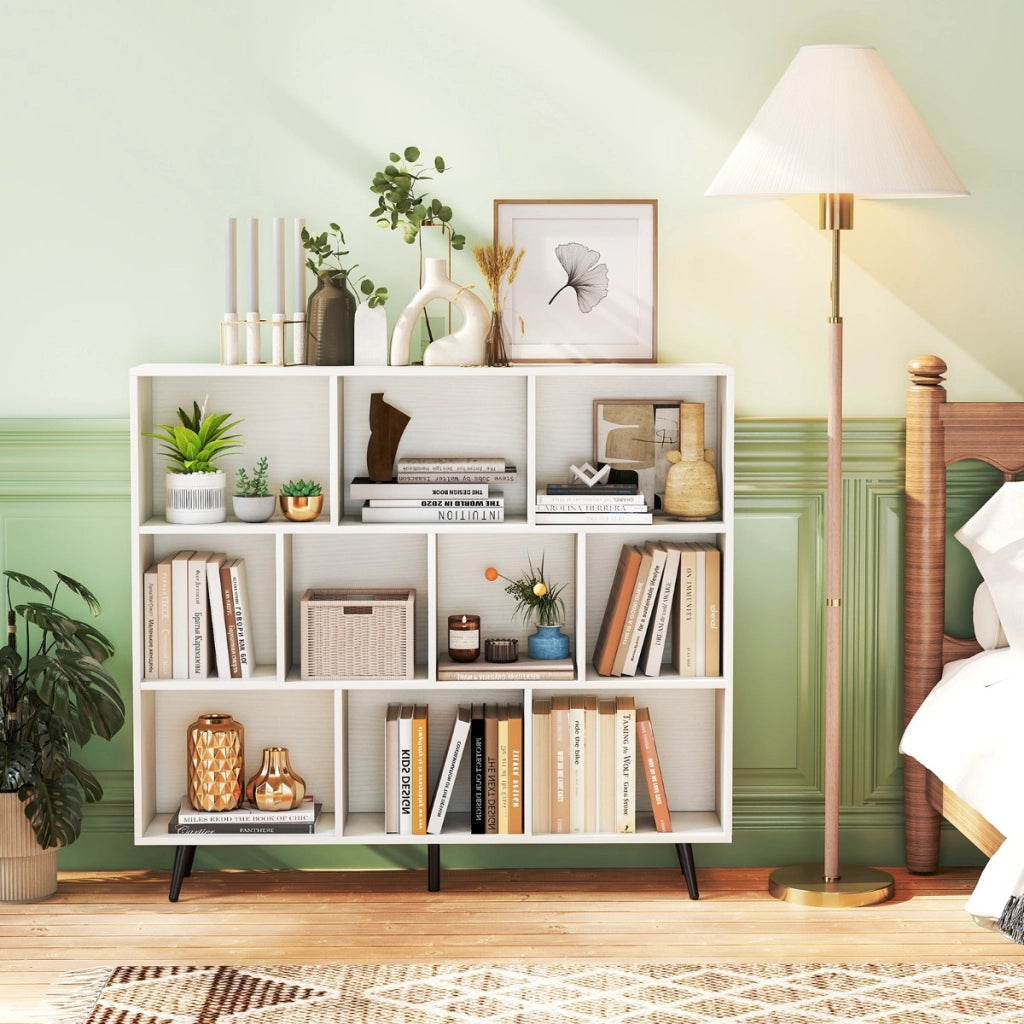 Organizzatore di stoccaggio moderno con 5 gambe di metallo affusolate, Libreria a 10 cubi camera da letto Bianco-Librerie