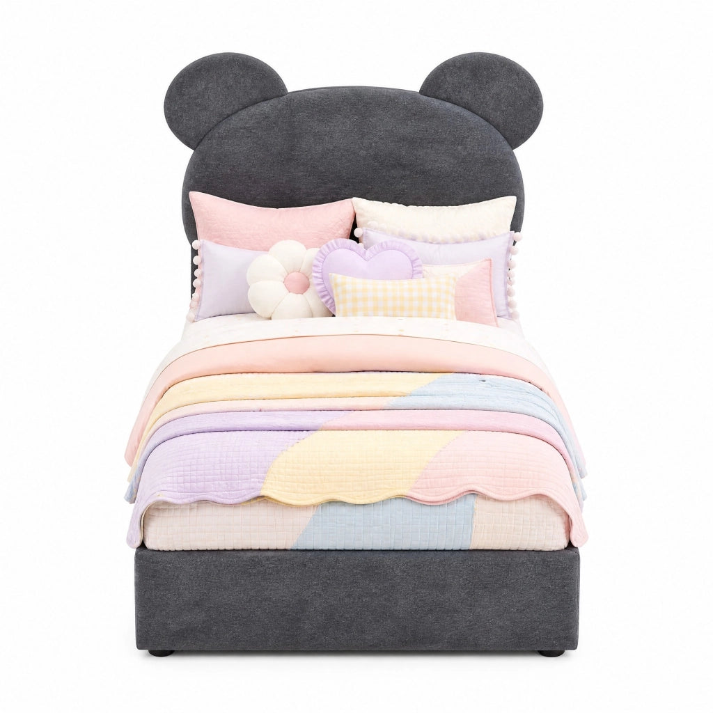 Letto imbottito 90x200 cm con testiera cartoon e contenitore a sollevamento, grigio