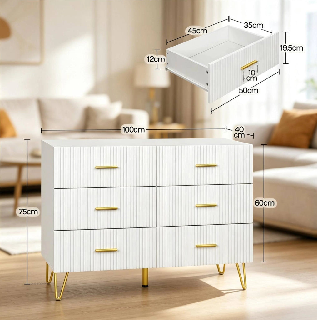 Cassettiera bianca e oro con 6 cassetti, 100 x 40 x 75 cm