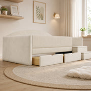 Letto imbottito 90x190 cm con cassetti e gradini in velluto beige