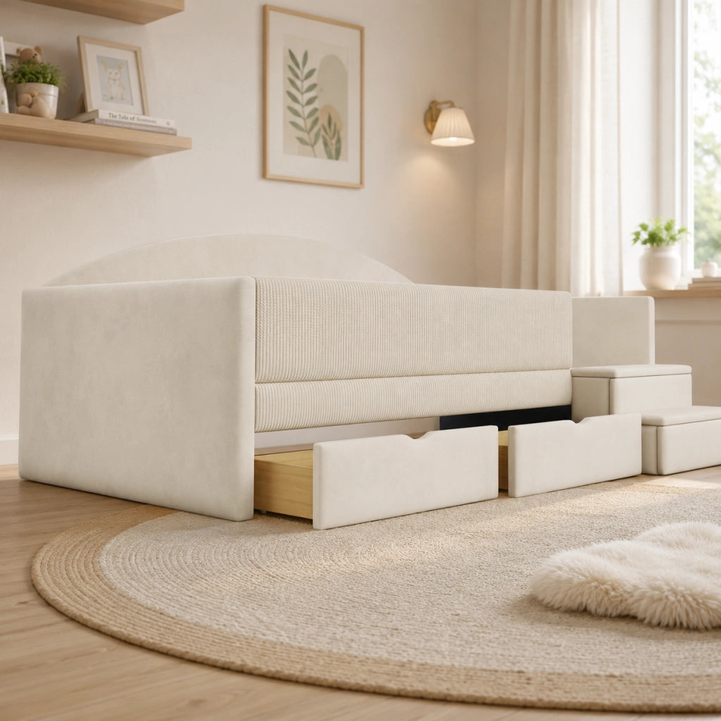 Letto imbottito 90x190 cm con cassetti e gradini in velluto beige
