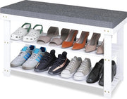 Organizzatore per Scarpe in Bambù con 3 Livelli e Supporto Cuscino - Bianco Grigio - 87 x 30 x 49 cm