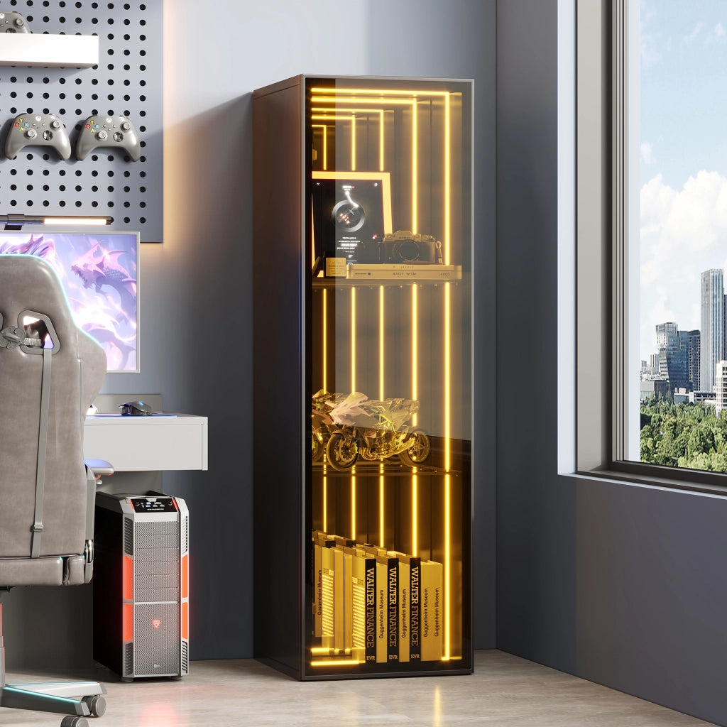 Vetrina con LED e 3 vani aperti, ripiani regolabili e ante in vetro temperato, per soggiorno, nero, 30 × 30 × 90 cm