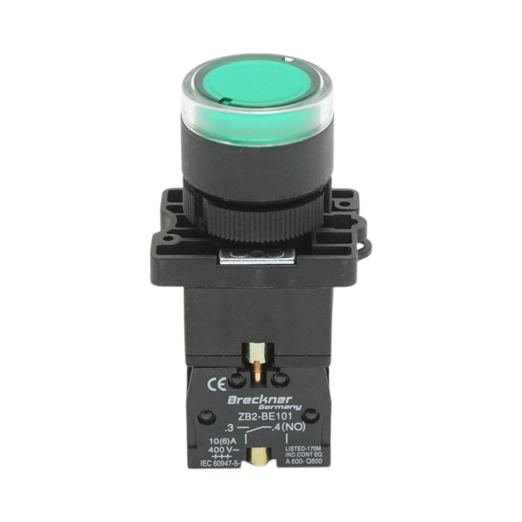 Pulsante indicatore LED verde con resistenza integrata 1NO, 24V LAY5 Breckner Germany
