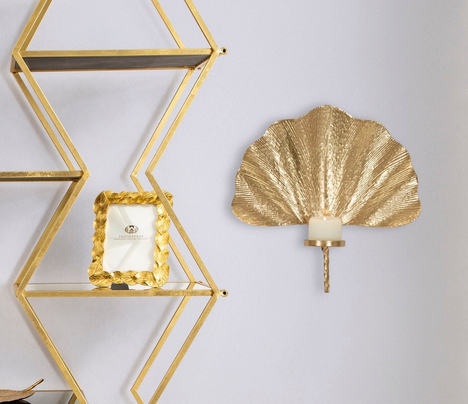 Portacandele da Muro Glam Leaf 41x11,5x40 cm in Ferro Oro