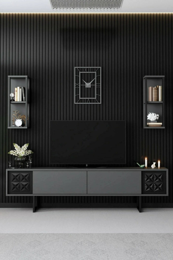 Mobile porta TV Axa, Credenza da soggiorno, Armadio basso per TV, Base parete attrezzata, 180x30h48 cm, Antracite e Nero