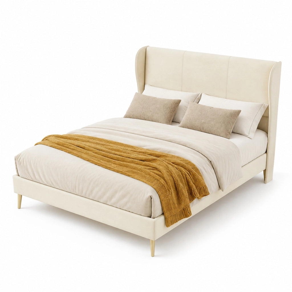 Letto matrimoniale imbottito con testiera beige 140 x 200 cm in tessuto