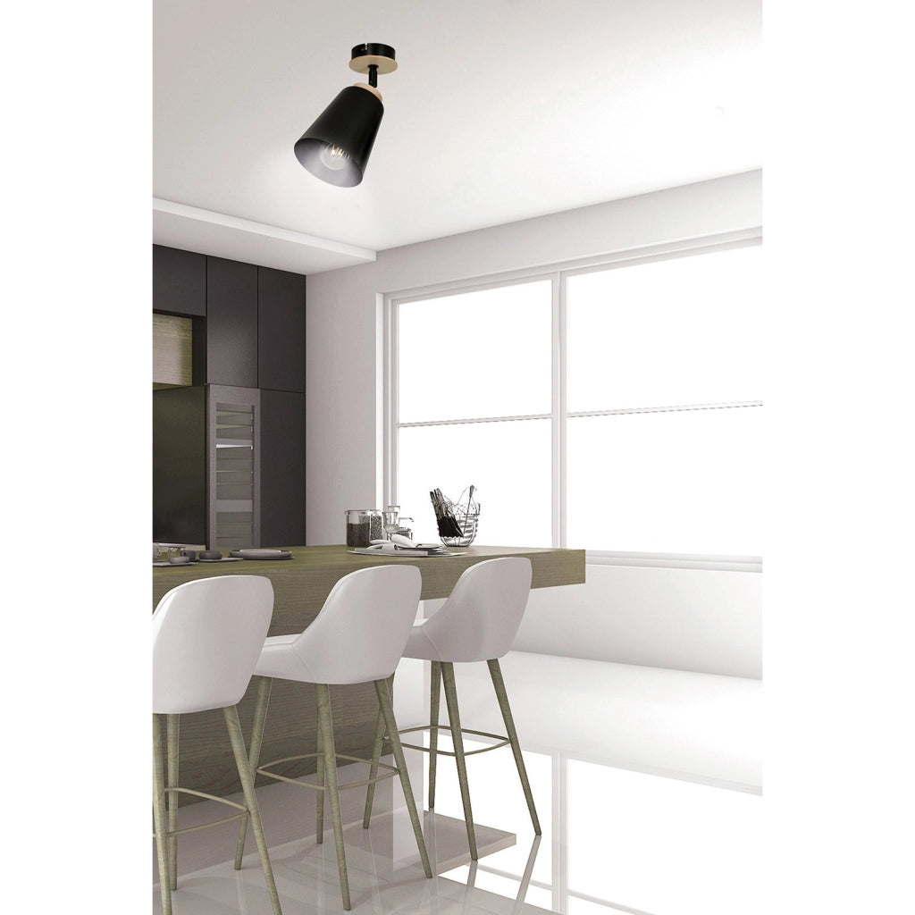 Plafoniera A Faretto Spot 1 Luce In Acciaio Nero E Legno Naturale