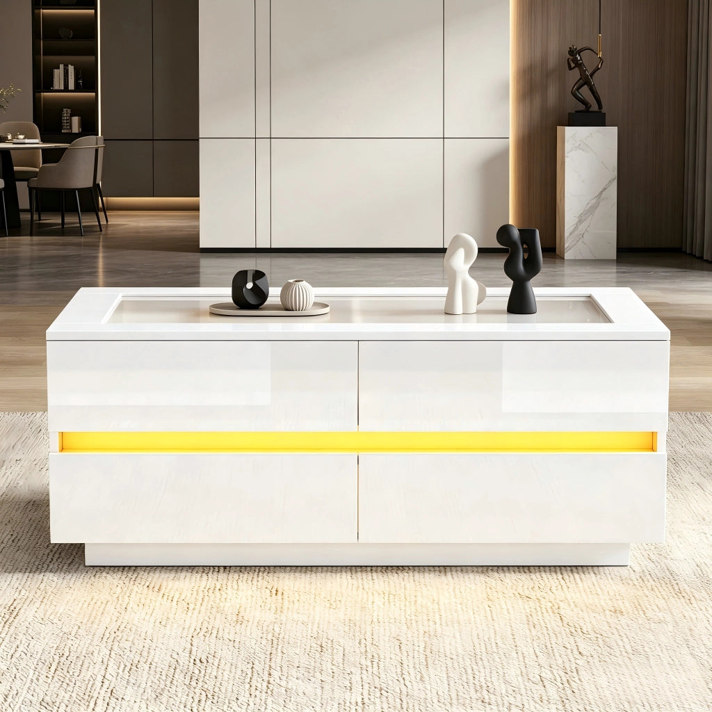 Tavolino da caffè con 4 cassetti; LED e piano in vetro temperato; in pannelli di particelle bianco; 100 × 50 × 40 cm