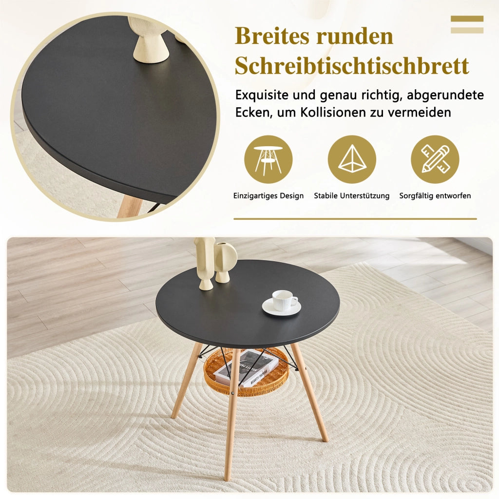 Tavolo da pranzo rotondo Ø80 cm MDF nero gambe in legno massello cesto intrecciato sospeso