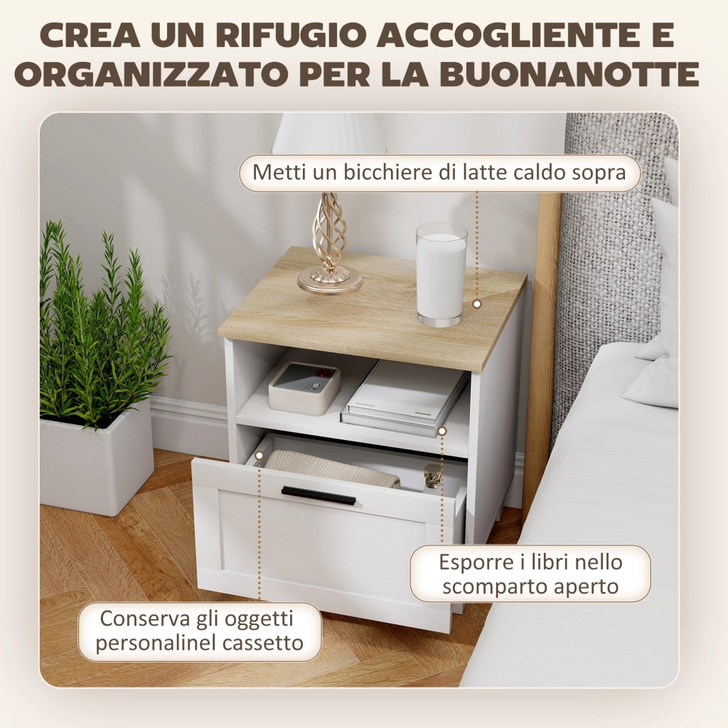 Comodino Moderno Minimal con Cassetto e Ripiano Aperto, in Legno, 45x38x50 cm, Bianco e color Legno