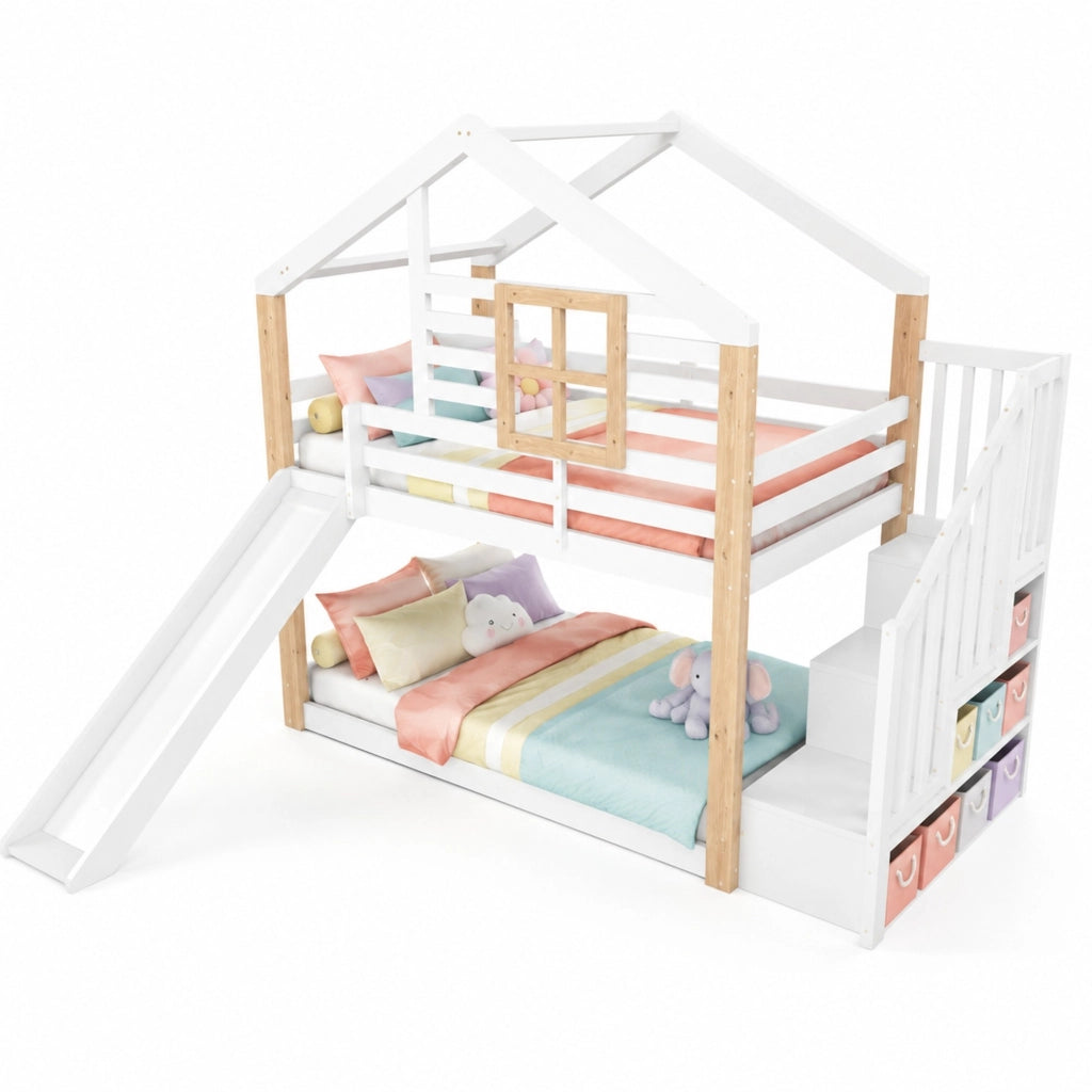 Letto a castello a casetta con scivolo e scala con vani contenitore 90x200 cm in legno; bianco