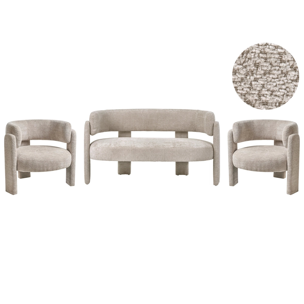 Set da salotto a 4 posti, rivestimento in ciniglia di poliestere beige chiaro, sedute moderne e comode, schienale ricurvo, stile scandinavo