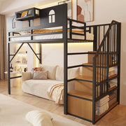 Letto a soppalco in metallo 90x200 cm con scala contenitore e luce; nero