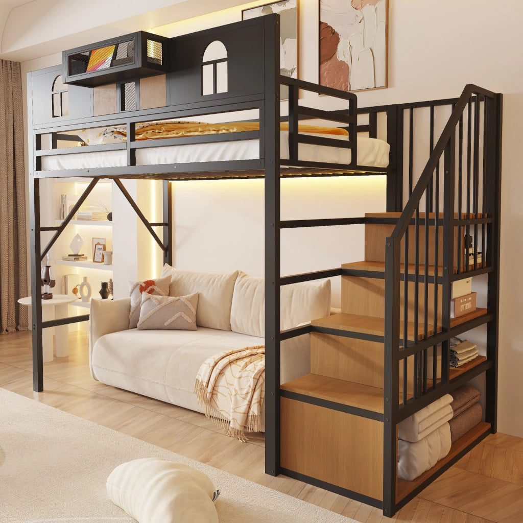 Letto a soppalco in metallo 90x200 cm con scala contenitore e luce; nero