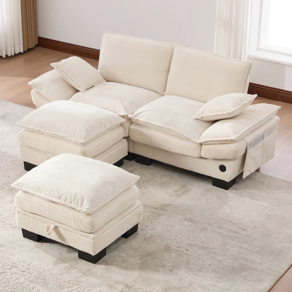 DIVANO 2 posti modulare 190x132x84 cm in corduroy beige, Set da 3 pezzi