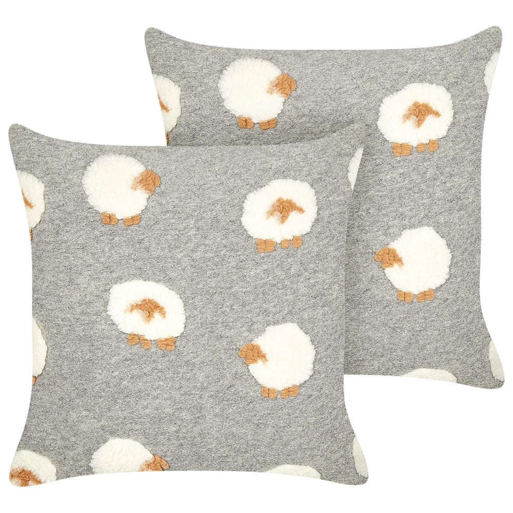 Set di 2 cuscini in cotone ricamati con motivo a pecorelle grigio 45 x 45 cm morbida imbottitura